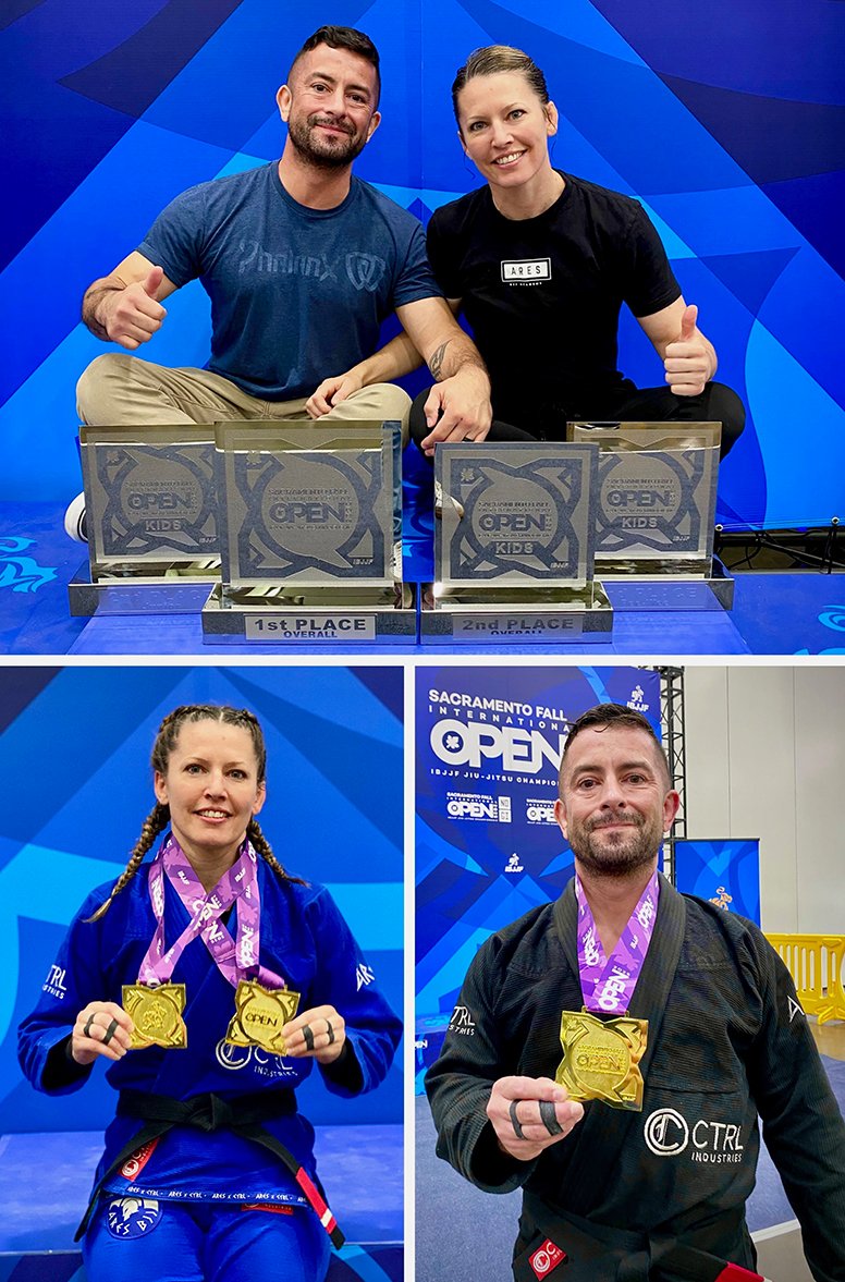 Sacramento IBJJF 2025 tournament photo with Jeremy and Jamie holding their personal gold medals and the team trophies.